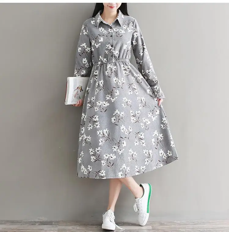 Серый Mori girl robe Femme осень зима винтажное длинное платье с цветочным принтом женское вельветовое платье с длинным рукавом серый хаки Vestidos - Цвет: Серый
