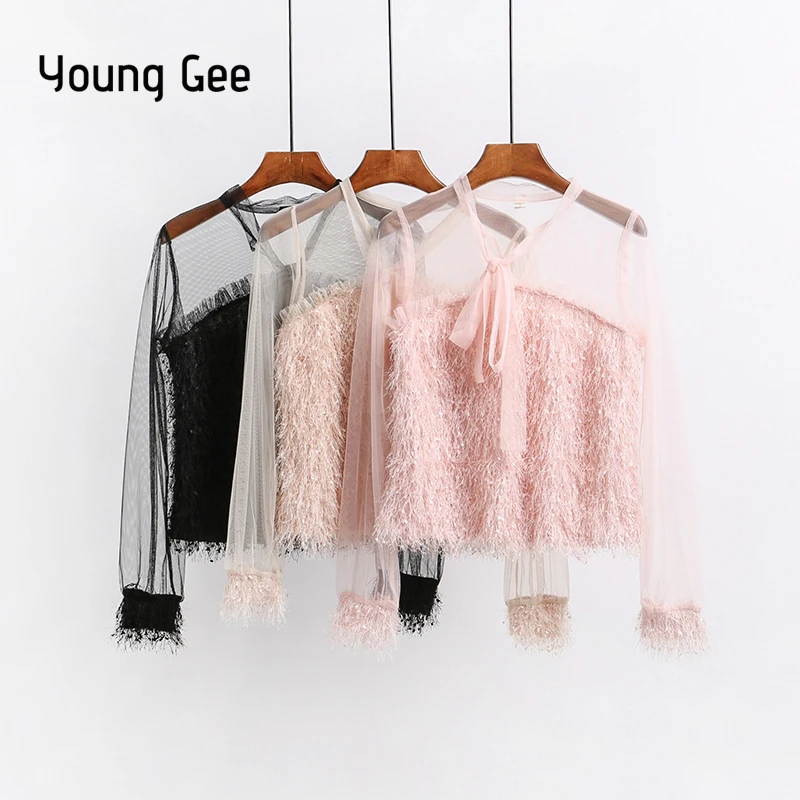Женская блузка с длинным рукавом Young Gee элегантная офисная розового и черного