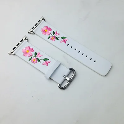 Ремешок для часов из натуральной кожи для Apple Watch 38, 42, 40, 44 мм, красный цветок, вышивка, для женщин и мужчин, сменный Браслет, ремешок для iwatch 4 - Цвет: Белый