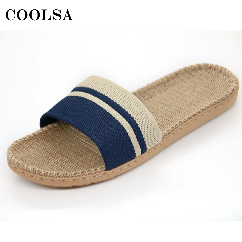 Blue COOLSA/Новинка; мужские льняные тапочки в полоску; конопляные вьетнамки на плоской подошве; нескользящие сандалии домашние тапки; мужские повседневные льняные тапочки; популярная пляжная обувь - Цвет: Blue