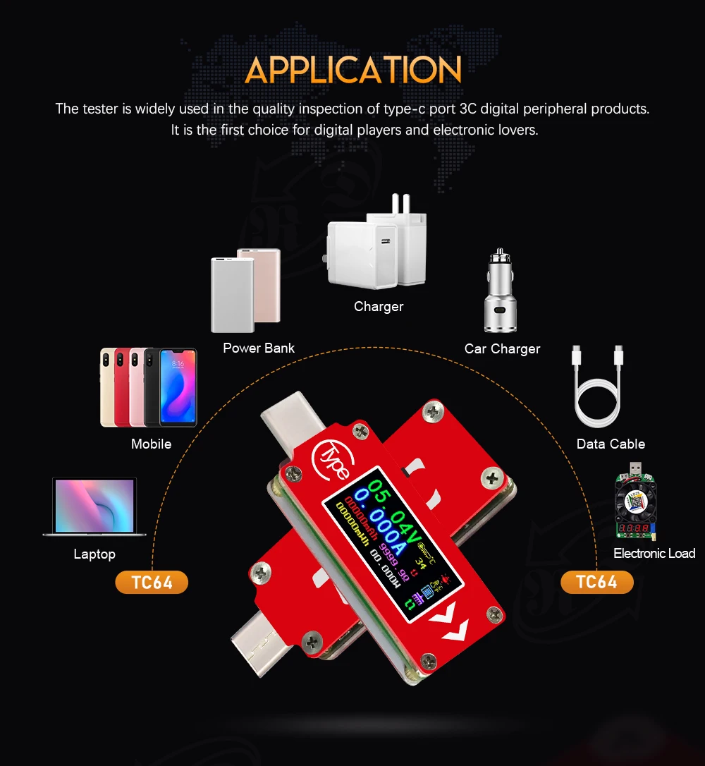 USB тестер TC64 Type C цифровой измеритель напряжения и тока с ЖК дисплеем вольтметр