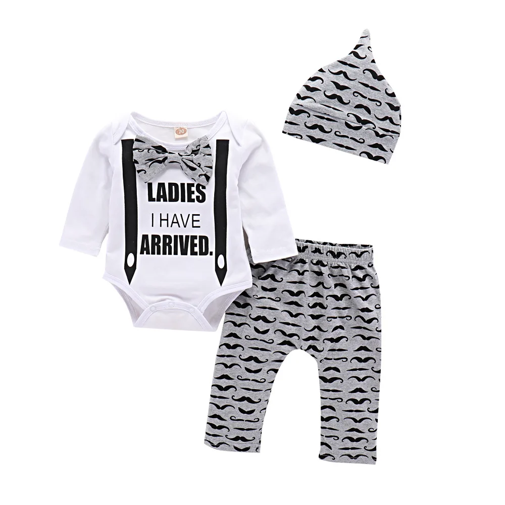 2018 Boys Fashion Baby 3 Piece Outfit Boy Hat Long Sleeve Ladies I Have Arrived Letter Print Toddler Shirts With Bow Tie |