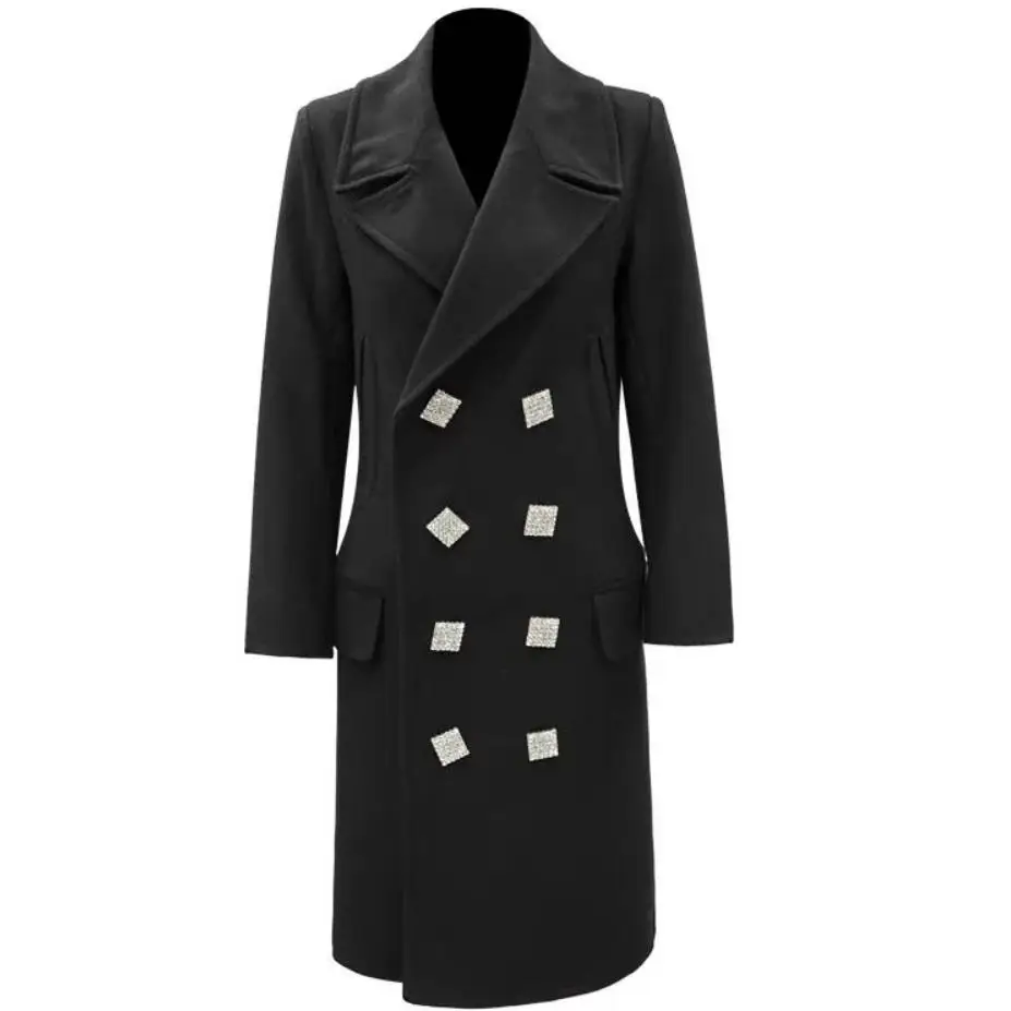 

2021 New Fashion winter Women Coat Diamond Black Woolen Long Winter Coat Women Double Breasted coat