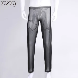 Однотонные мужские сетчатые прозрачные дышащие брюки, мужское нижнее белье, Ночные Клубные брюки, нижнее белье для дома, пижамы