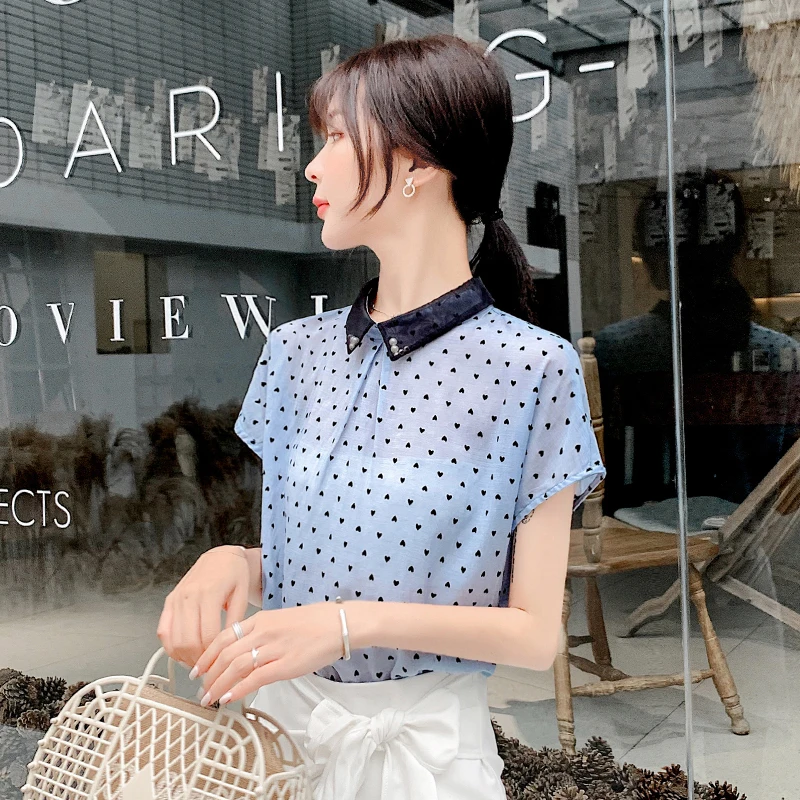 Женская синяя рубашка в горошек с коротким рукавом шифоновая блузка Корейском