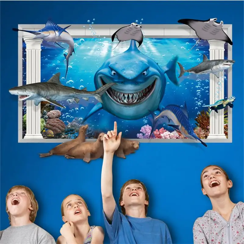 Новый под морское дно стикер стены акулы рыбы 3D мультфильм Водонепроницаемый
