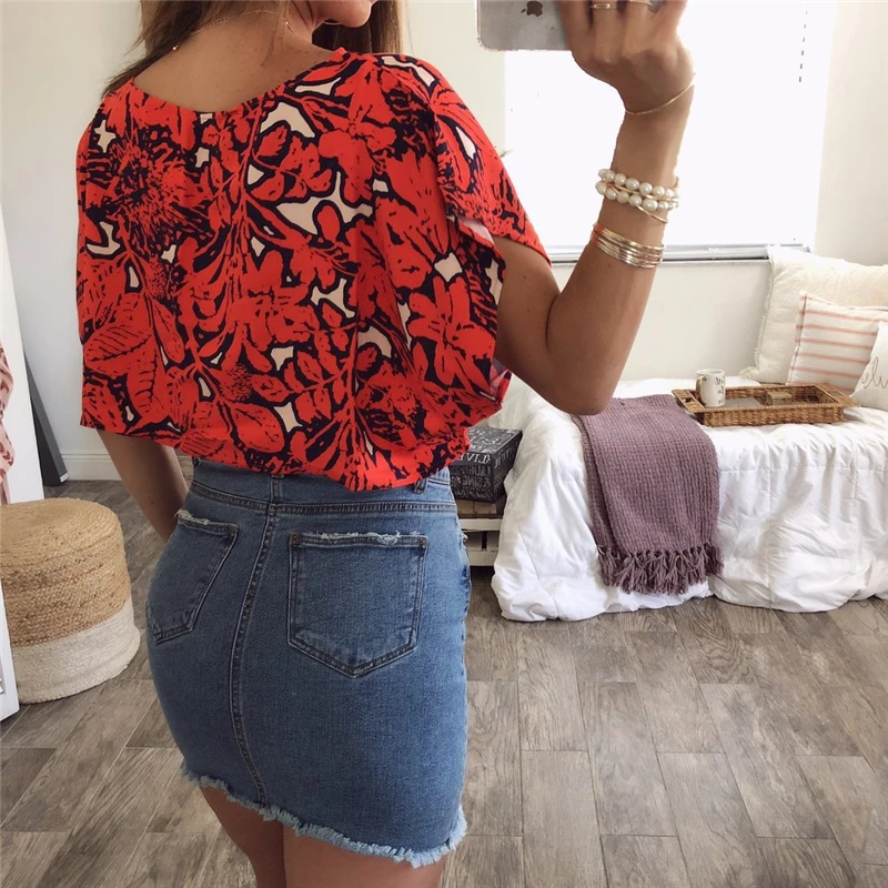 Summer Sexy Bohemia Style Women T-shirts O-Neck Short Batwing Sleeve Tees Geometric Print Tee Vocation Casual Nightclub Top |
