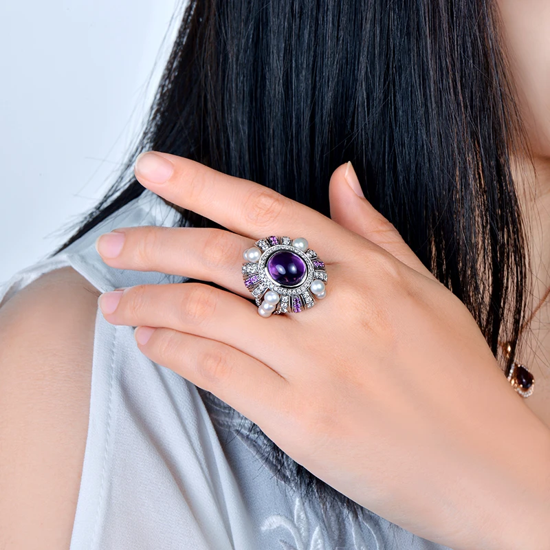 7.25ct натуральный амтист 1.82ct натуральные бриллианты и 0.42ctw аметист жемчуг 14K белое золото обручальное кольцо