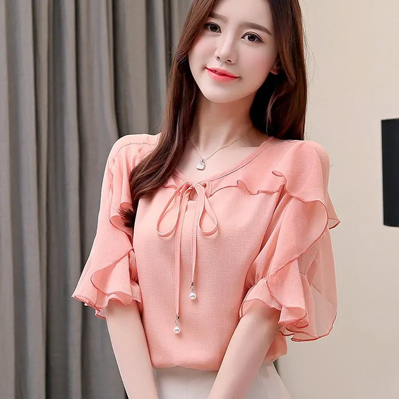 2019 женские Топы Блуза из шифона со сборками летняя футболка с короткими рукавами