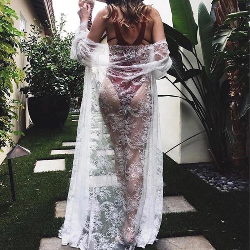 Летние женские длинные пляжные блузки длинный кружевной кардиган кафтан