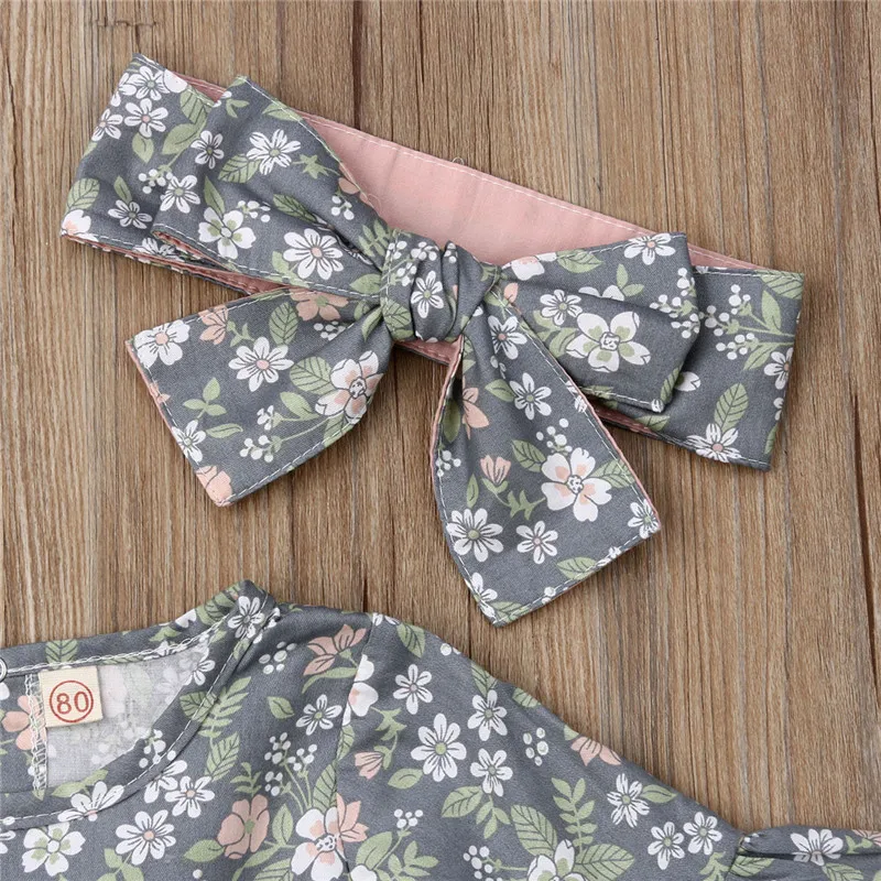 New Girls Clothes Set Gray Long Sleeve T-Shirt For Floral Print Tops Pink Shorts Kids Pant Children Headband Baby Girl | Детская одежда