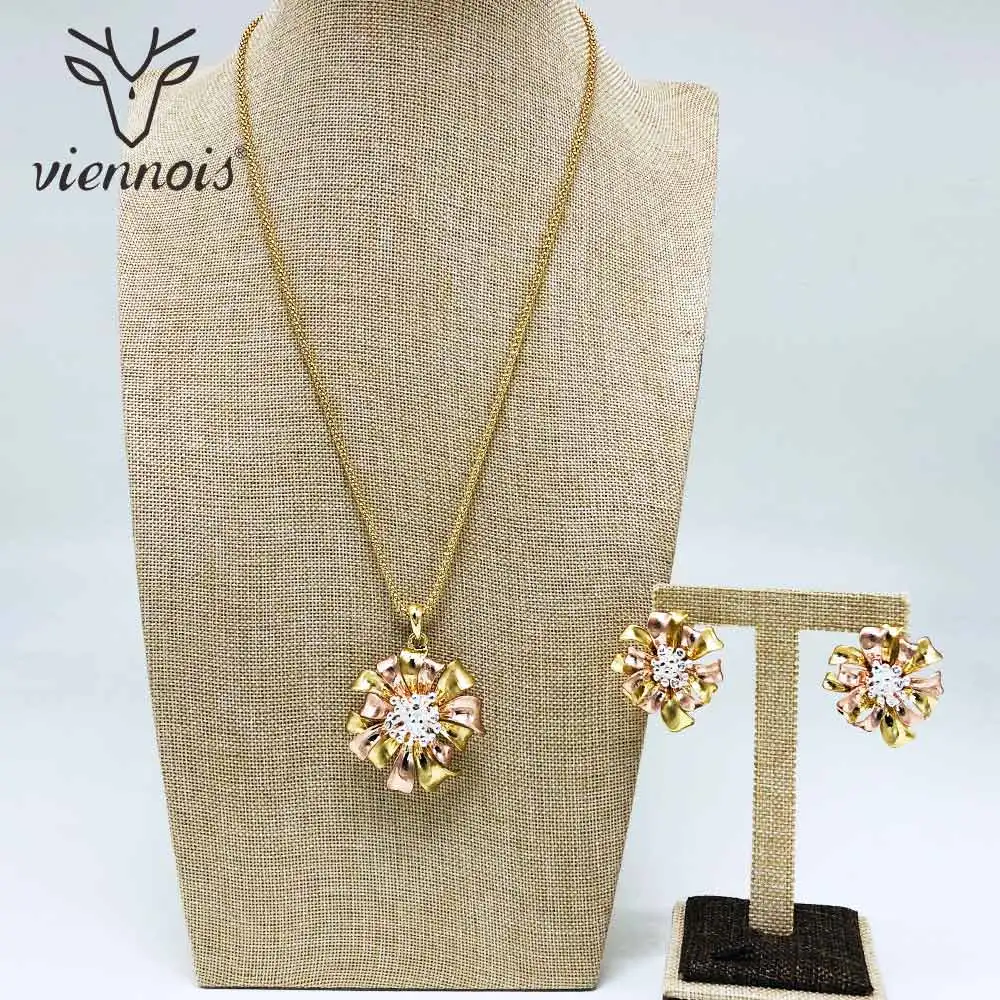 Viennois Rose Gold& Gold Color Stud Earrings Rhinestone Flower Pendent Necklace Set For Women Metal Party Jewelry Set