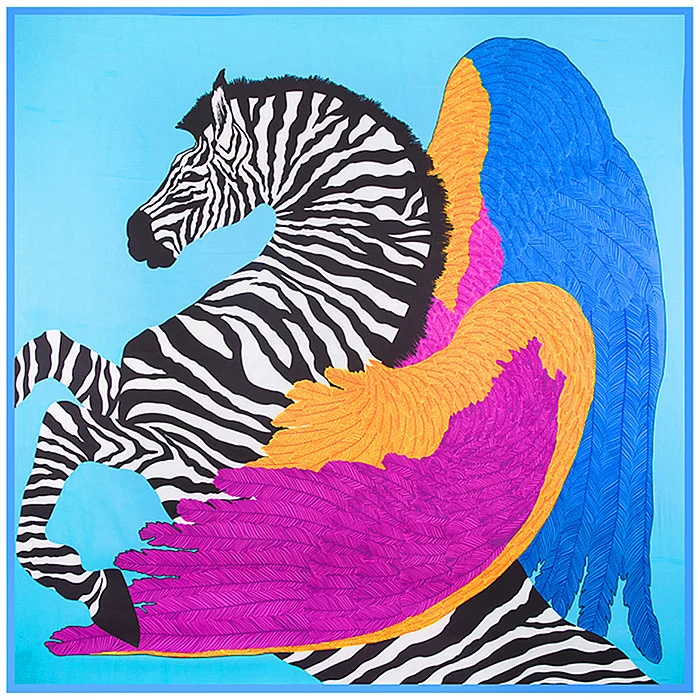 Lady's Gift 130*130cm Pure Silk Euro Brand Style Women Zebra Horse and Wings Feather Silk Square Scarf Femal Fashion Shawls - Цвет: sky BLUE