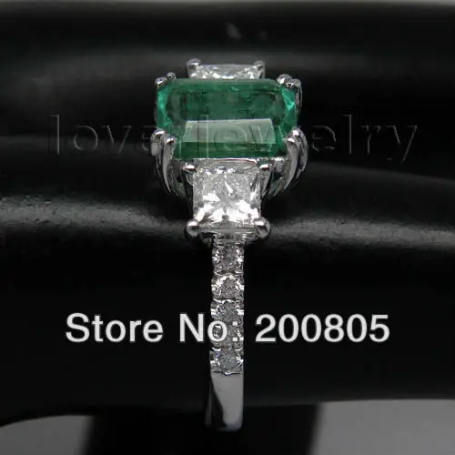 LOVERJEWELRY Винтажное кольцо с натуральным изумрудом тремя камнями 14 карат белое