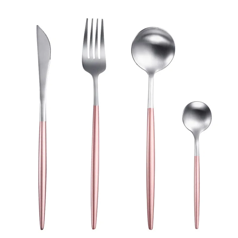 pink silver Набор столовых приборов Десертные Вилки Ножи Ложки палочки для еды нержавеющая сталь столовое серебро стейк посуда матовые серебряные столовые приборы посуда - Цвет: pink silver
