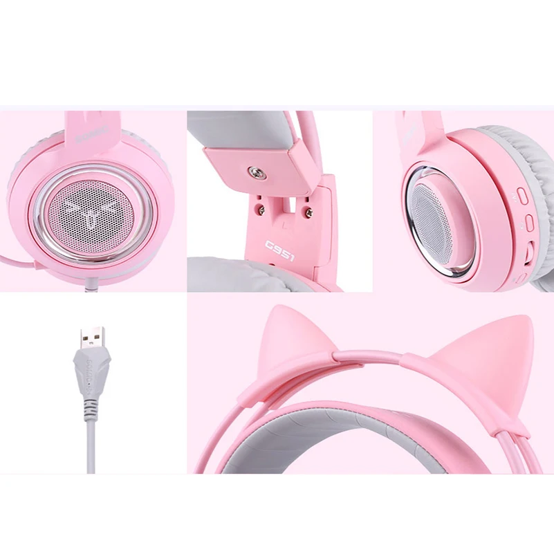 Розовый проводных наушников USB светодиодный прекрасный мультфильм косплей