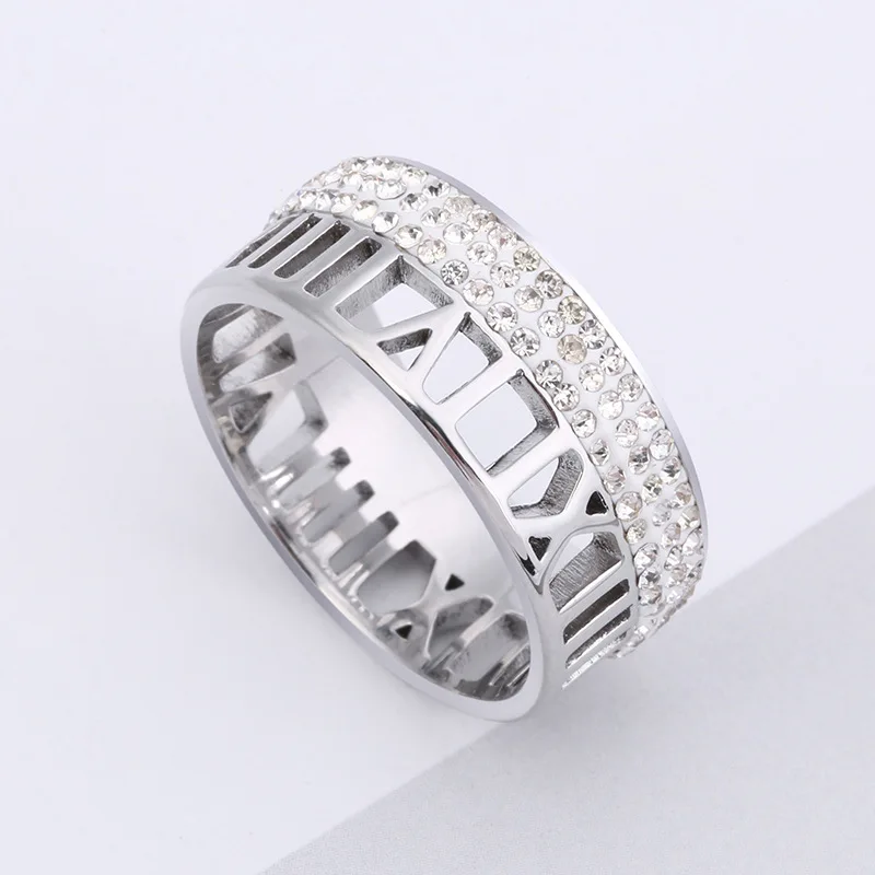 

Hot Sale 316L Stainless Steel Wedding Ring 3 Row Crystal Rings for Women Anel Fashion Hollow Out Roman Numerals Brand Jewelry