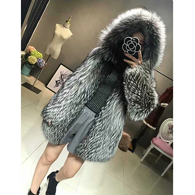 TOPFUR Новая модная шуба из натурального меха серебристой лисы, женская шуба с меховым капюшоном, Толстая Шуба из натурального Лисьего меха, зимняя куртка из натурального меха, базовые куртки - Цвет: silver
