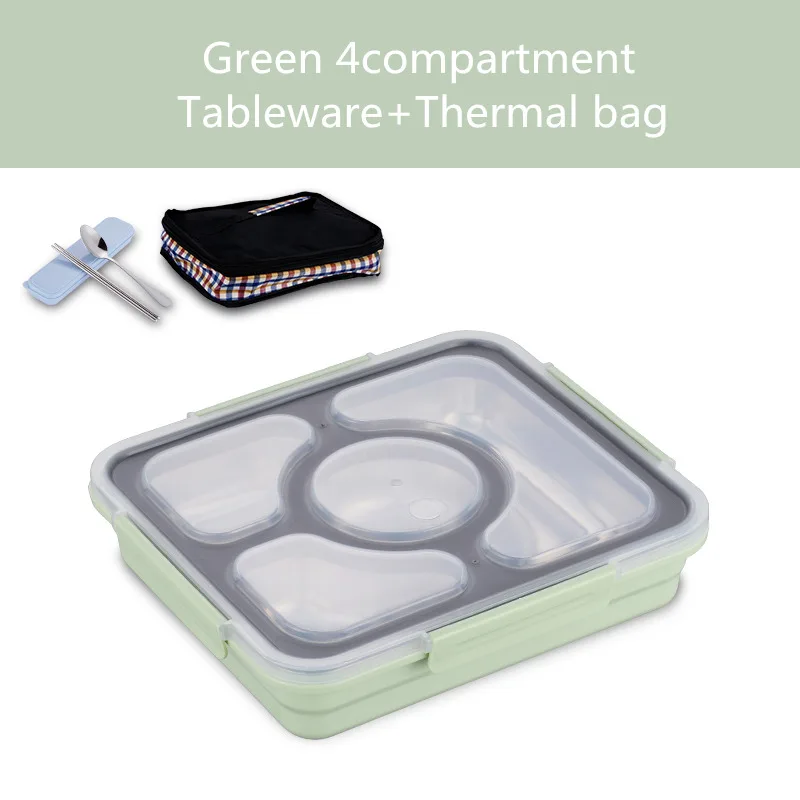 Baispo Leakproof Lunch Box Thermal Bento Box with Tableware Food Container with Compartments For Students Office Worker - Цвет: Green 4 set
