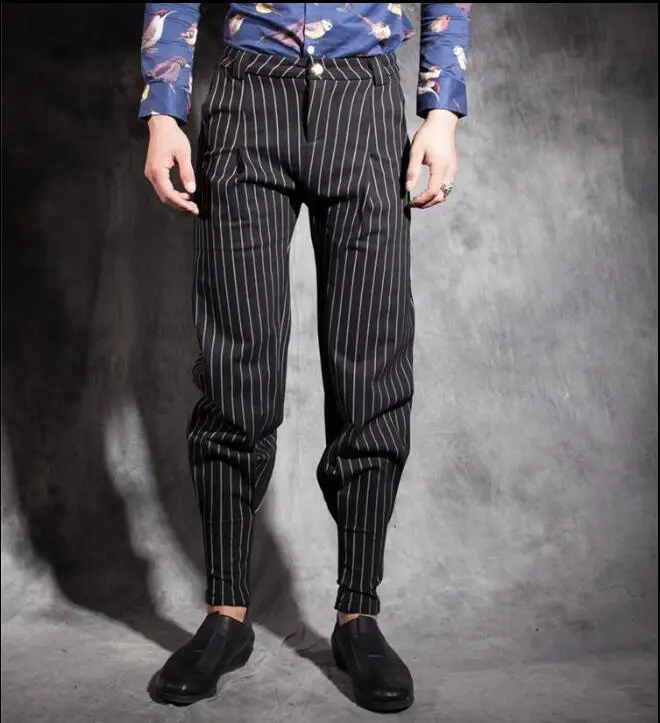 Spring autumn personality stripe trousers mens pants loose harem pant mens feet trousers fashion pantalon homme street novelty