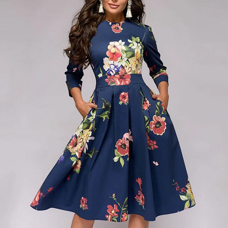 Dark Blue Осень-зима, длинное женское платье, vestido, Формальное, повседневное, круглый вырез, рукав три четверти, вечерние, Ретро стиль, цветочный принт, элегантное женское платье - Цвет: Dark Blue