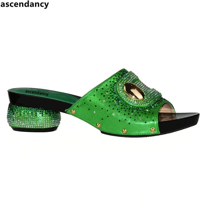 

New Arrival Green Color Italian Shoes for Women's Wedding Italian Ladies Shoes Sets for Party Slip on Rhienstone Parties Shoes