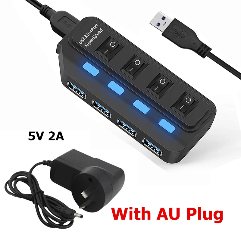 Концентратор USB 3,0, 4, 7 портов, светодиодный выключатель питания, USB высокоскоростной разветвитель, 5 Гбит/с, USB Hab, USB-HUB, EU, US, AU, UK адаптер