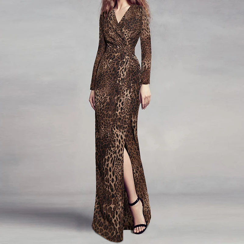 Женское длинное платье с леопардовым принтом модельное Платье макси V образным