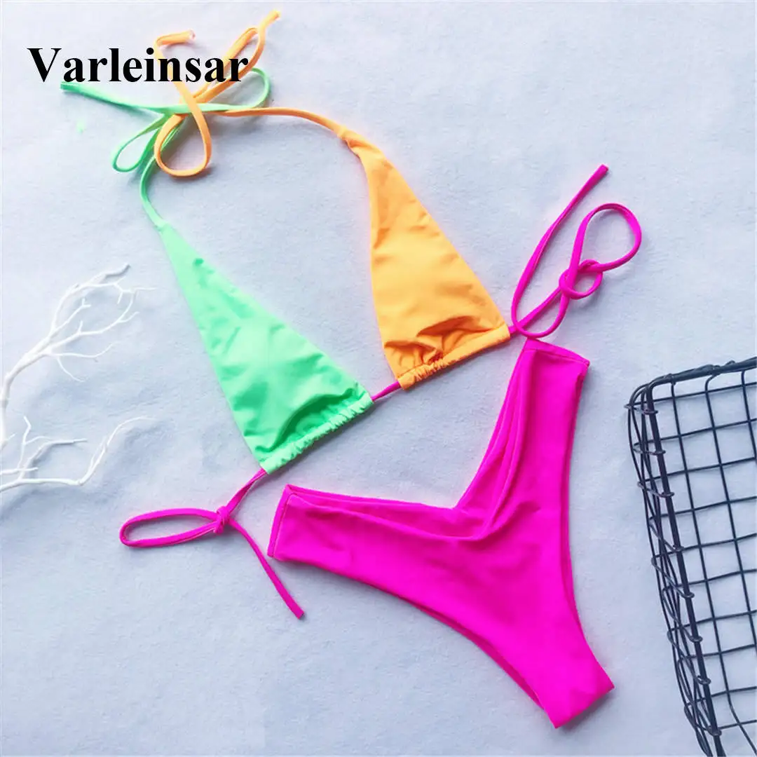 Sexy Halter Bikini Female Swimsuit Women Swimwear Two-pieces Bikini set With V Shaped Bottom Bather Bathing Suit Swim V1531