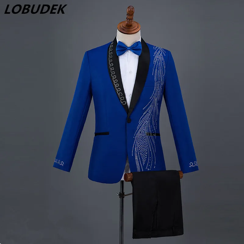Men Suits Blue Black Crystals Blazers musical Vocal Concert singer performance Costume Wedding Master Prom Compere stage suit