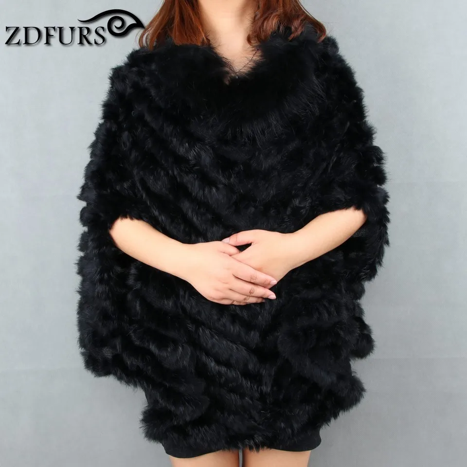 ZDFURS* Новая модная Вязаная Шаль из натурального кроличьего меха, пончо, накидка, палантин, накидка, Воротник из меха енота - Цвет: black