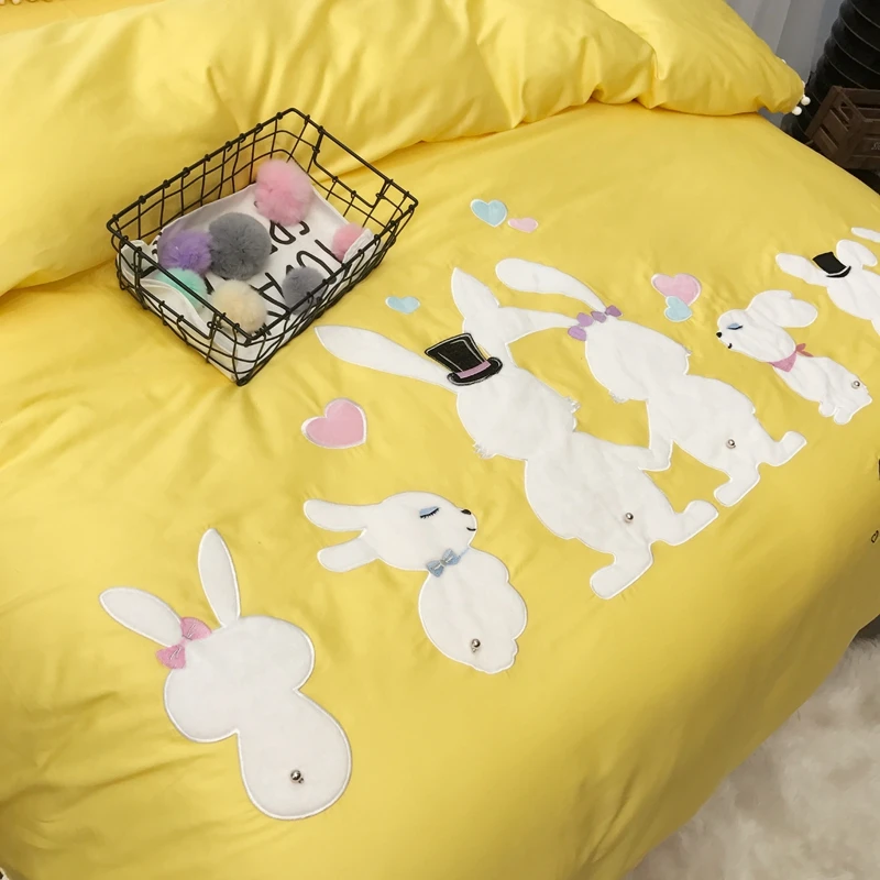 Желто-розовый милый мультяшный кролик с вышивкой 60S Египетский хлопок набор