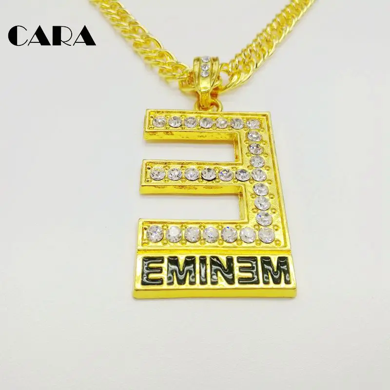 Мужское ожерелье в стиле хип хоп золотое с блестящими стразами подвеской EMINEM