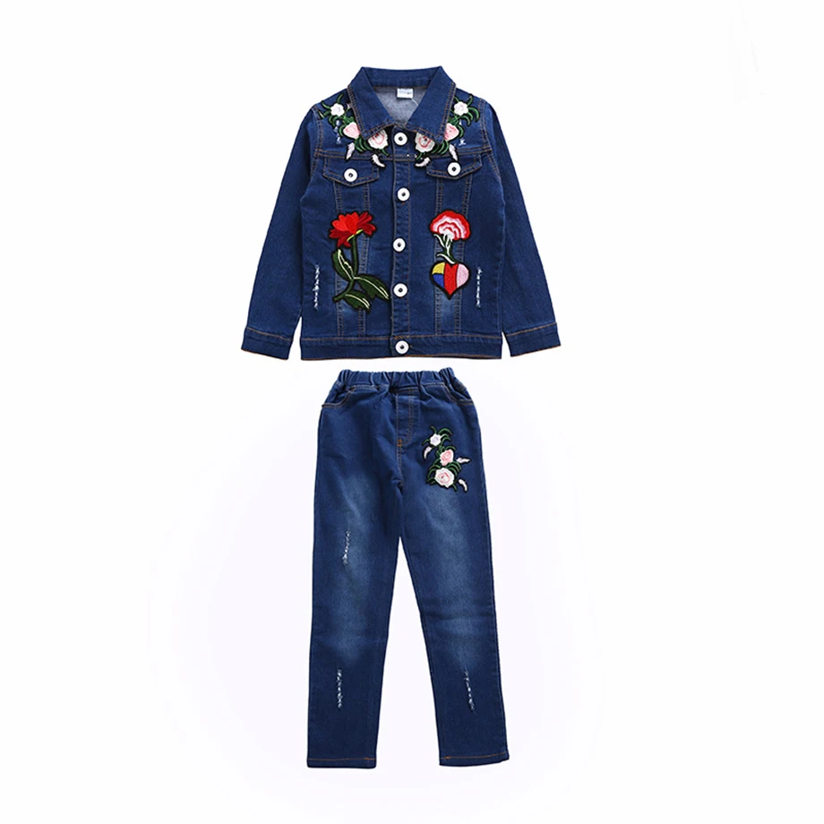 Autumn Winter Clothes For Girls Denim Jackets + Flower Embroidery Pants 2PCS Outfits Teenage Kids Clothing 6 8 10 12 13 14 | Мать и