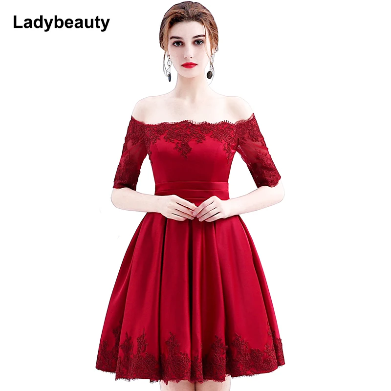 Женское атласное короткое вечернее платье Ladybeauty элегантное винно красное