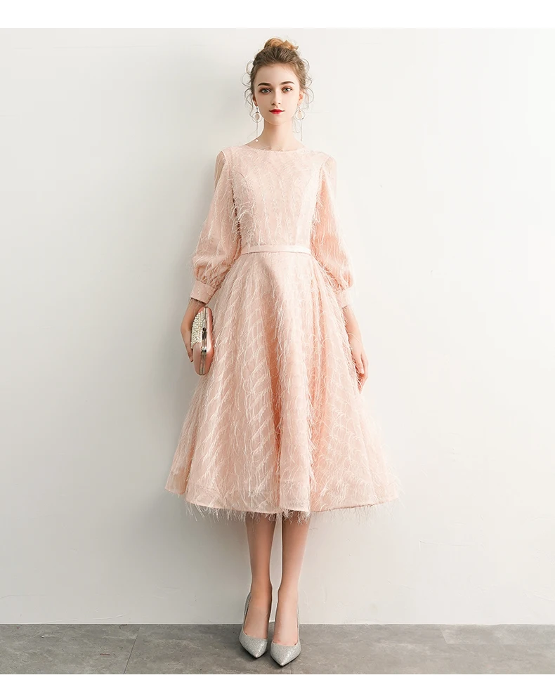 Robe Cocktail New Pink Cocktail Dress Tea Length 3/4 Sleeve Tassel Formal Prom Party Gown Simple Robe De Cocktail Courte