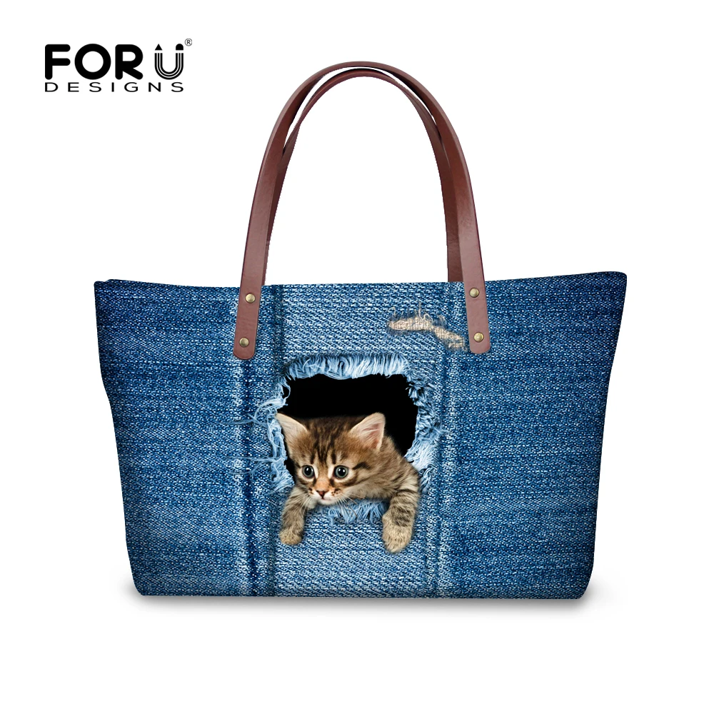 Женские сумки из джинсовой ткани с кошками и собаками леопардовые на плечо для