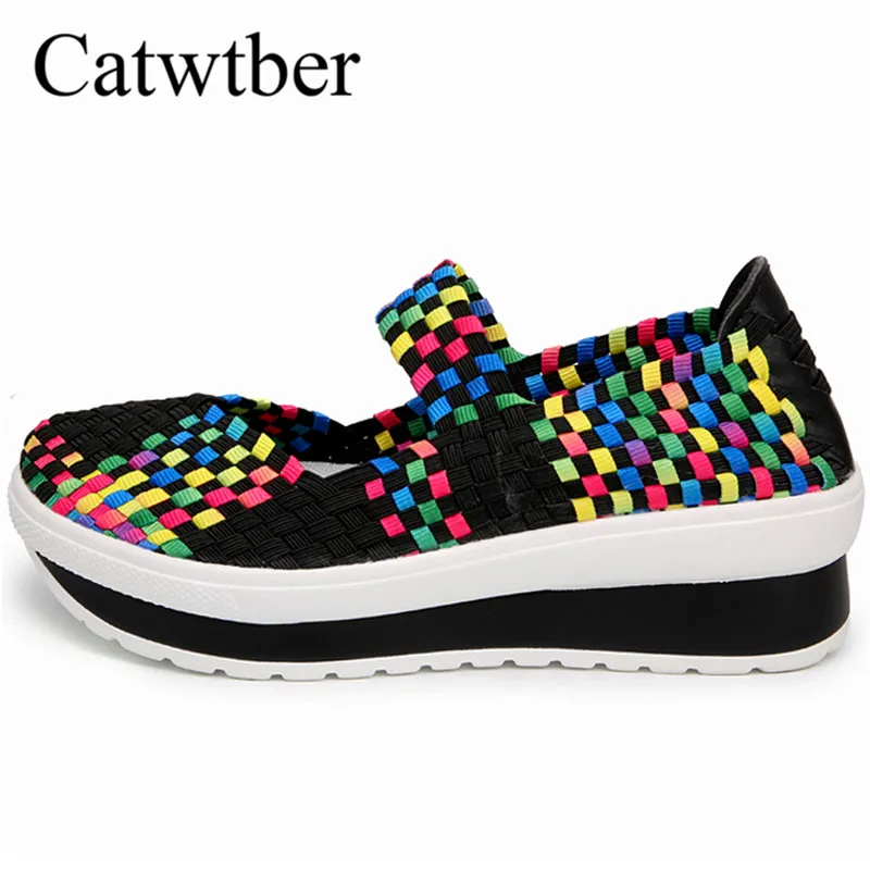 Catwtber красочные увеличить осень женская повседневная обувь слипоны Тканые
