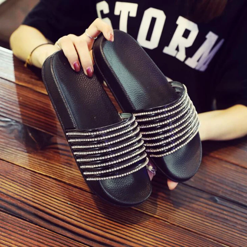 2018 модные летние женские пляжные шлепанцы с блестками и кристаллами босоножки на