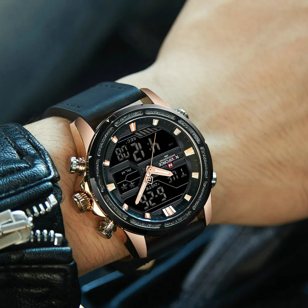 NAVIFORCE Military Mens Watches Top Brand Luxury Dual Time Quartz Sports Watch Leather Strap Waterproof LED Digital Male Clock | Наручные