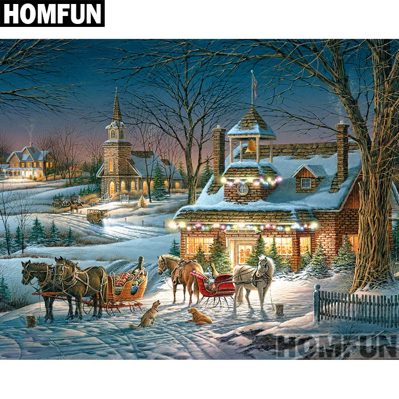 Картина из страз HOMFUN Рождественская ночь алмазная 5D Вышивка крестиком домашний