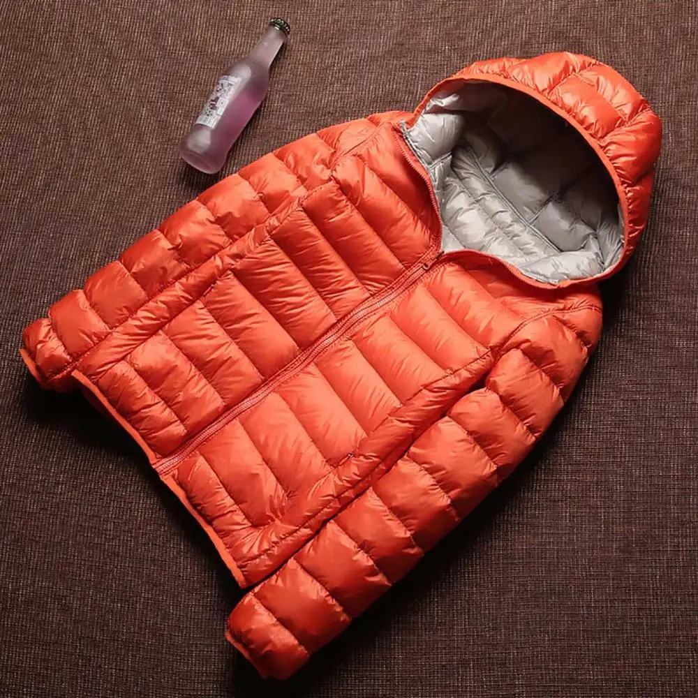 OrangeGrey Зимний женский ультра легкий пуховик, женский 90% утиный пух, куртки с капюшоном, длинный рукав, тонкое теплое пальто, парка для женщин, двусторонняя верхняя одежда - Цвет: OrangeGrey