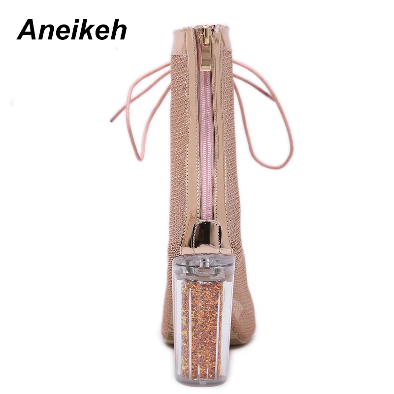 Aneikeh/женские ботильоны на шнуровке; сандалии с открытым носком; Botas Mujer; ботинки-гладиаторы на высоком каблуке; модные блестящие Прозрачные ботинки на не сужающемся книзу массивном каблуке