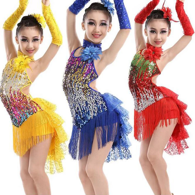 

Girls Sequined tassel latin Salsa dancing dress Kids fringe costumes Suits Ballroom modern Stage salsa Outfits with headwear