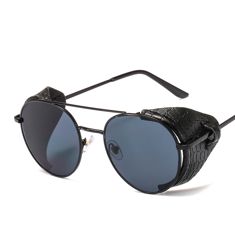 C1 black grey Винтаж стимпанк кожаный экран солнцезащитные очки для мужчин модные металлические круглые солнцезащитные очки для женщин градиентные очки UV400 - Цвет линз: C1 black grey