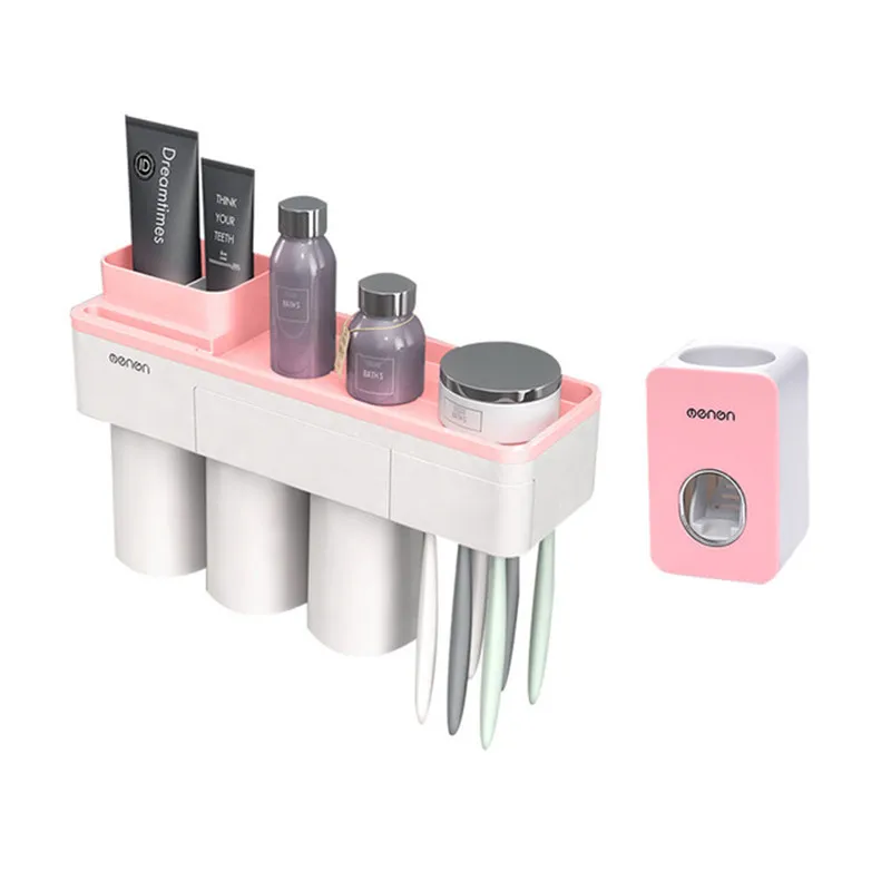 Pink 3 Cups B Магнитная Адсорбция перевернутый держатель зубной щетки с соковыжималкой зубной пасты с чашками для хранения ванной комнаты Набор аксессуаров для ванной комнаты - Цвет: Pink 3 Cups B