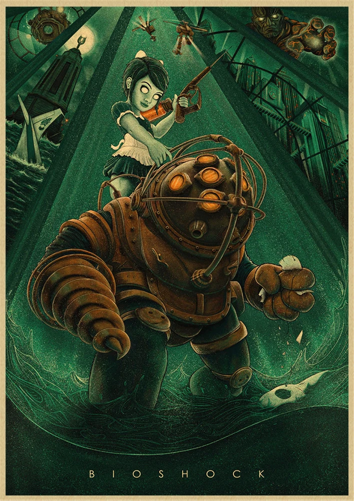 BioShock Retro poster Home Furnishing decoration Kraft Game Poster Drawing Painting Wall stickers - Цвет: Армейский зеленый