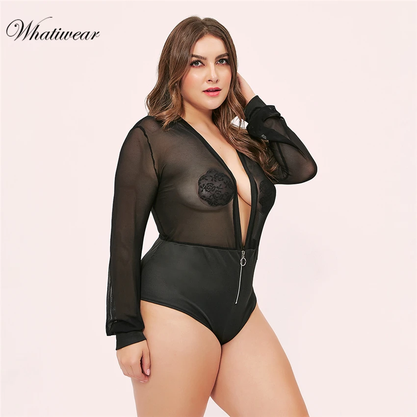 Whatiwear плюс размер с длинным рукавом Кружевное боди прозрачное Женское боди сексуальное боди женские Комбинезоны Глубокий V натуральные боди