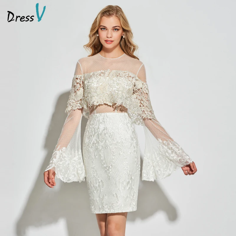 DressV белый тюль платье для коктейля Scoop шеи с длинными рукавами элегантные до