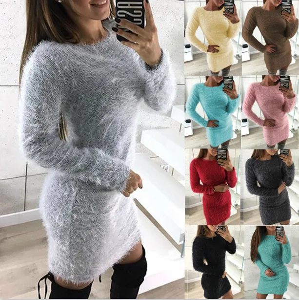 Женское плюшевое платье с круглым вырезом и длинным рукавом | Женская одежда
